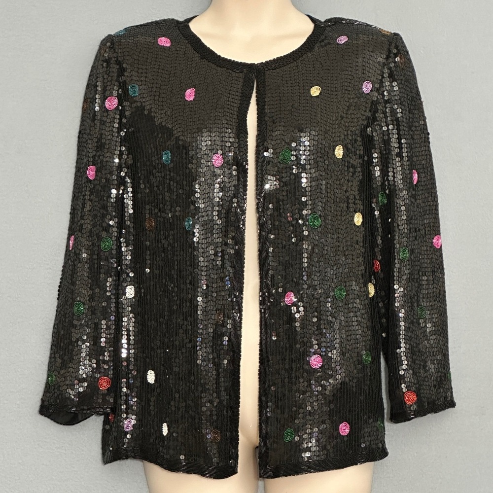 Vintage SCALA Womens Jacket M Black Silk Sequins Dots Embellished Festive Party